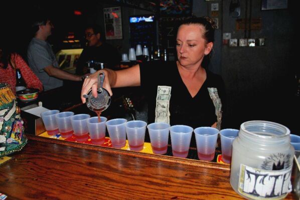 Susan bartending on her birthday